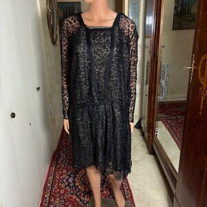 1920s Black Mourning Silk Lace Gown Dress
